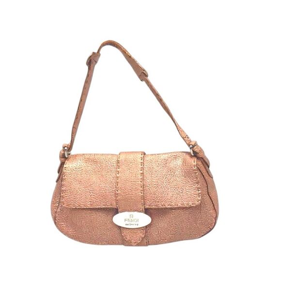 Auth Fendi Selleria Metallic Rose Grained Leather Mamma Baguette Shoulder Bag - Picture 1 of 17